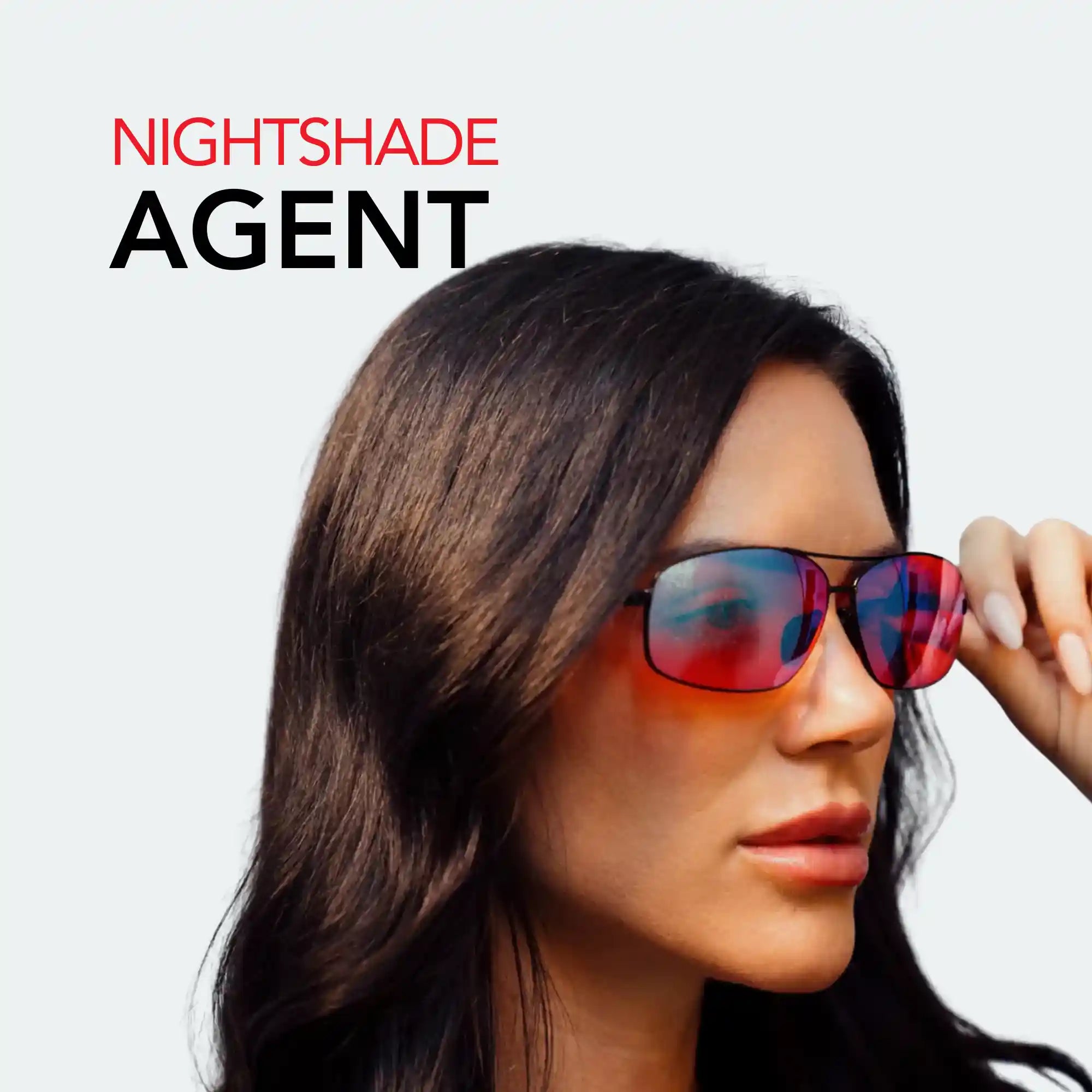 Woman wearing red-tinted sunglasses (Chroma Nightshade Agent) with 'NIGHTSHADE AGENT' text above on a light grey background.
