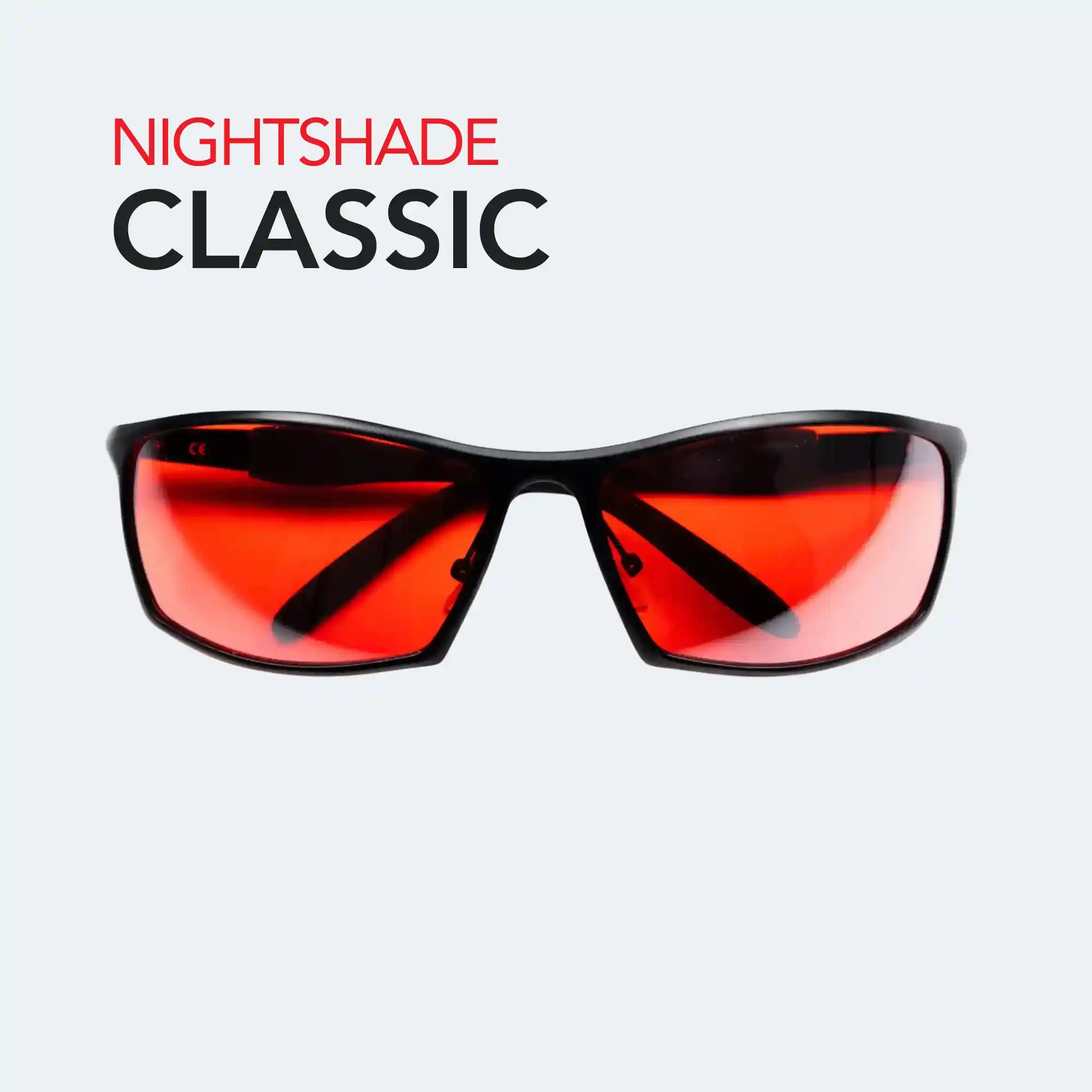 Sunglasses with red lenses and black frames (Chroma Nightshade Classic) on a white background, labeled 'NIGHTSHADE CLASSIC'.