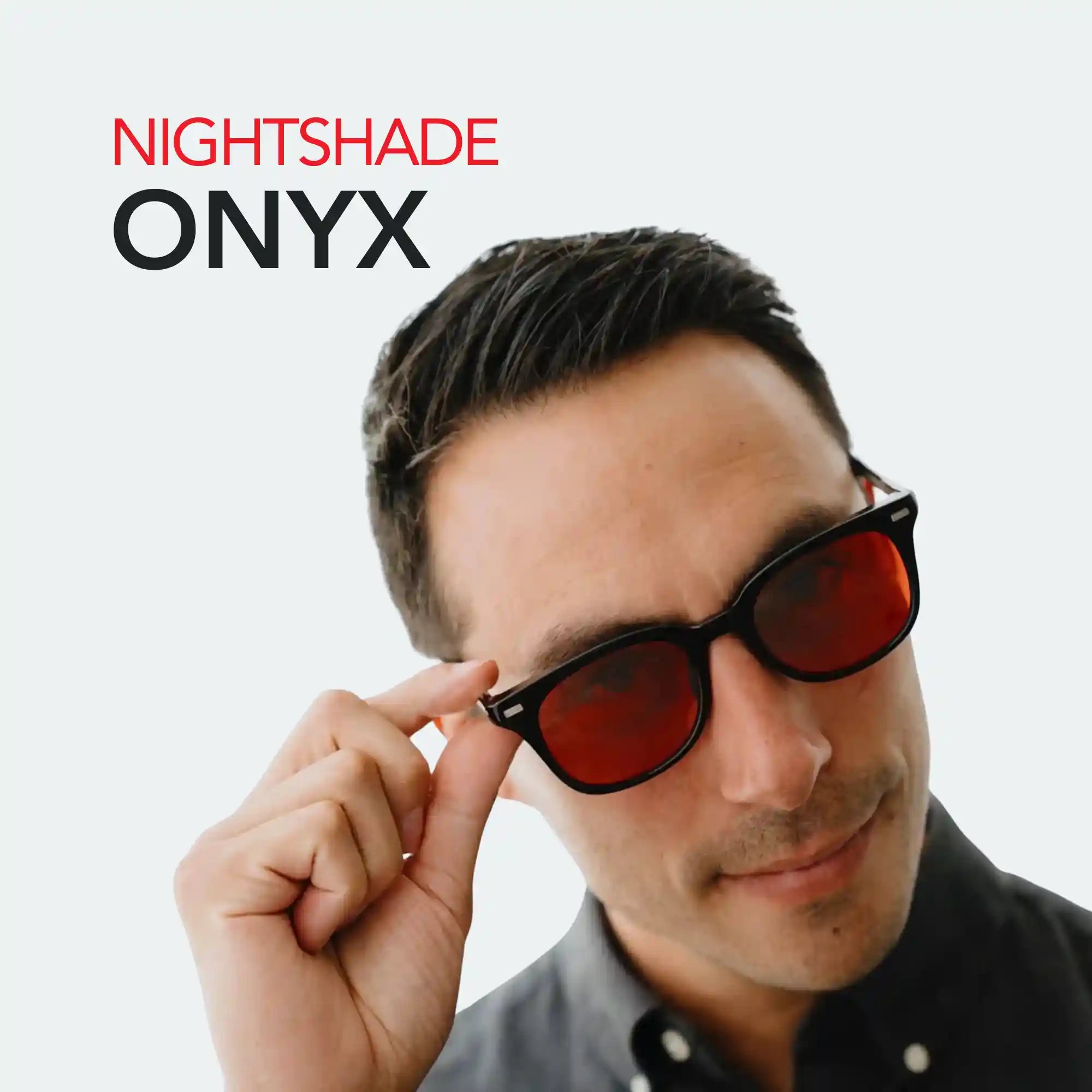Man wearing red sunglasses (Chroma Nightshade Onyx) with 'NIGHTSHADE ONYX' text above against a light grey background.