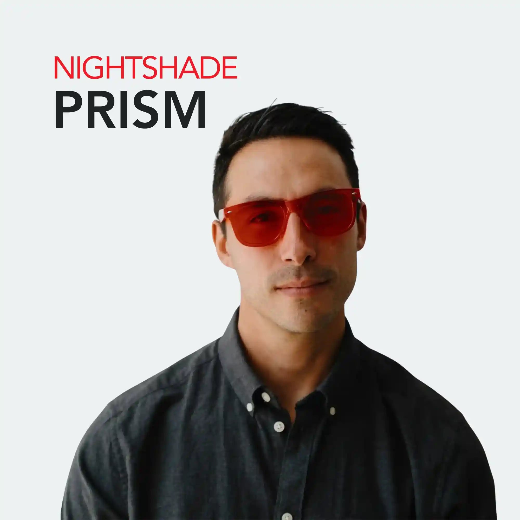 Man wearing red sunglasses (Chroma Nightshade Prism) with 'NIGHTSHADE PRISM' text on a gray background