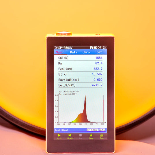 CHROMA SKY PORTAL 2.1 interface displaying important information about the light spectrum being emitted out of the Sky Portal. Behind it is a close up of the Chroma Sky Portal shining a deep amber light