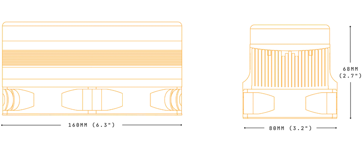 Illustration of a technical outline of the Chroma trinity light therapy device showing both side and front facing views with dimensions labeled