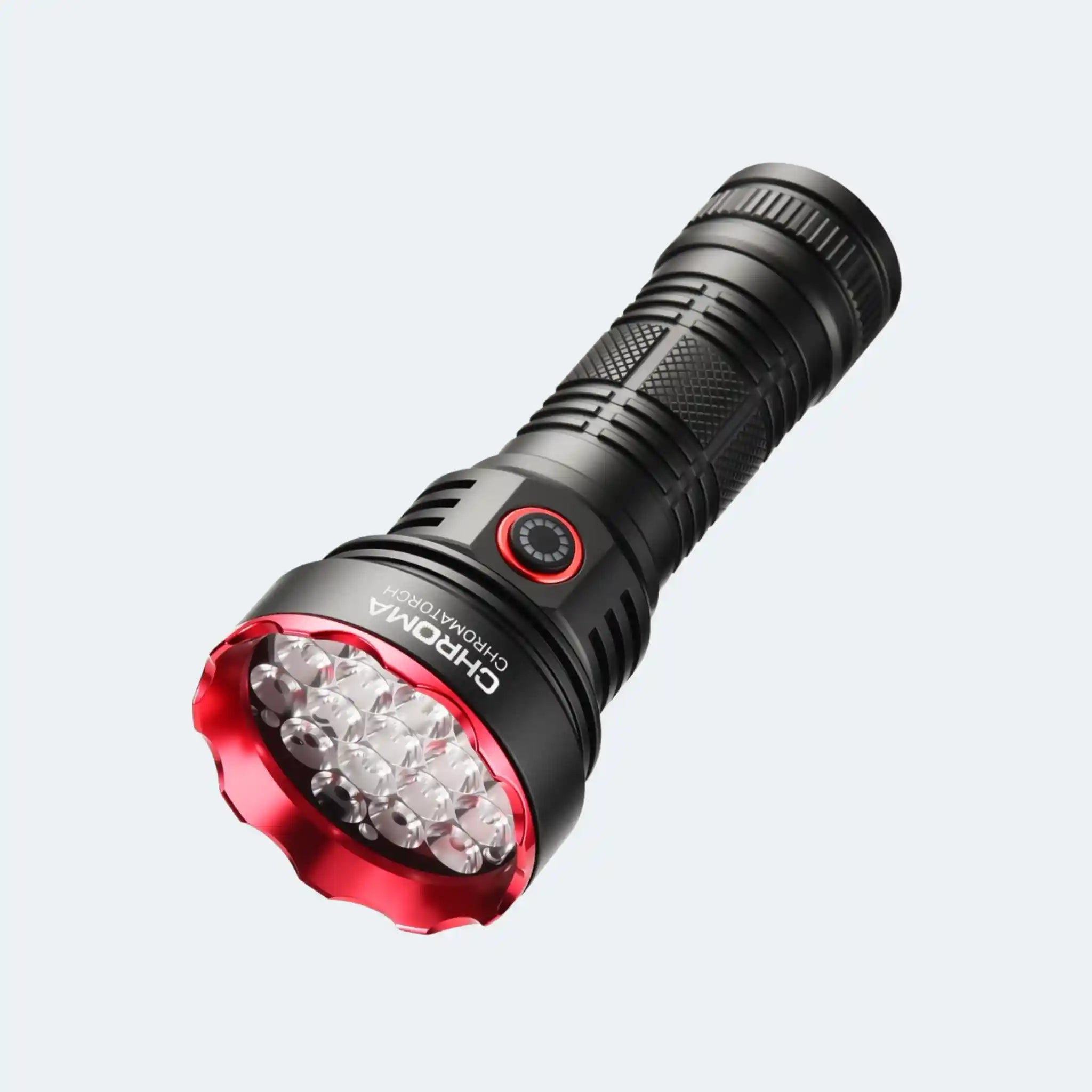 Black flashlight (Chromatorch) with Chroma branding and red accents on a light gray background
