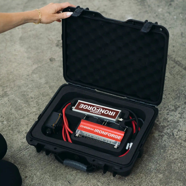 Chroma Ironforge Light Therapy Device being shown inside case from a topdown view point.