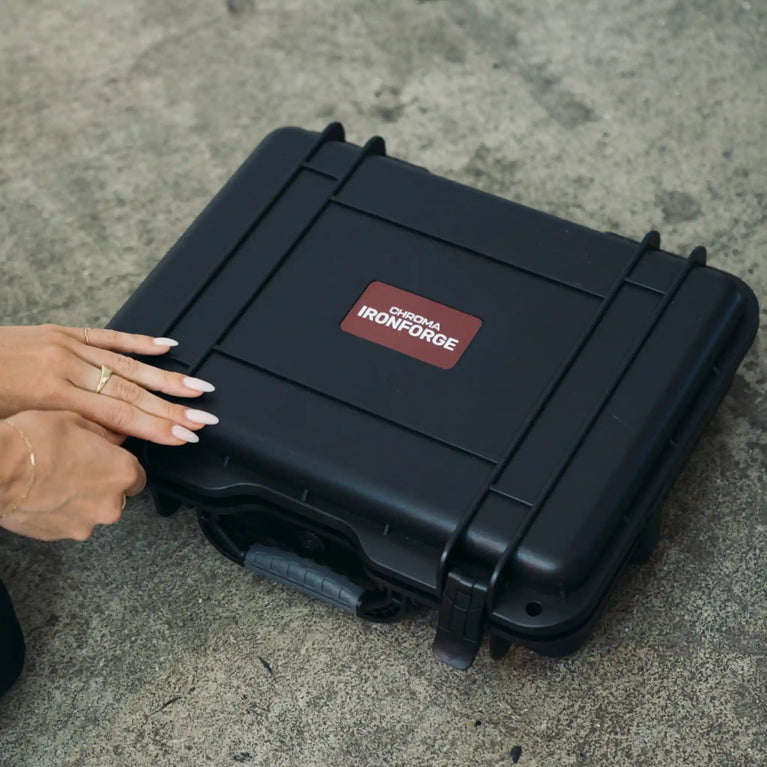 Chroma Ironforge Light Therapy Device inside a closed case being displayed from a topdown view point.