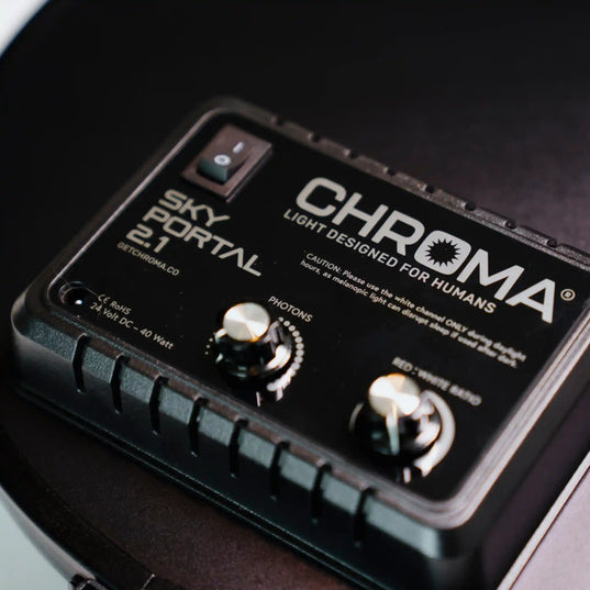 Close-up of a Chroma light device with 'Sky Portal 2.1' branding on a dark background.