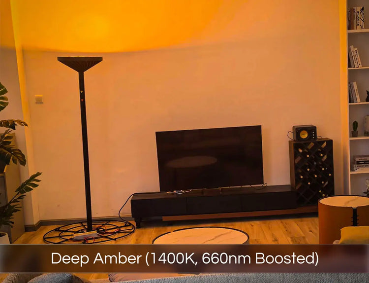 A Chroma Skylight set up in a living room projecting an amber coloured light. Text displays "Deep Amber (1400K, 660nm Boosted)"
