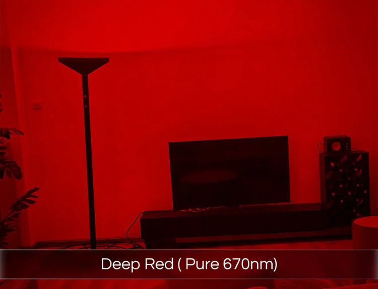 Chroma Skylight using deep red mode (pure 670nm) illuminating a living room positioned in the corner next to a tv unit