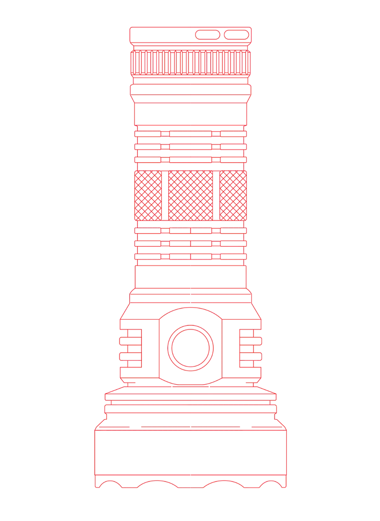 Red outline engineering drawing of a chroma torch against a transparent background