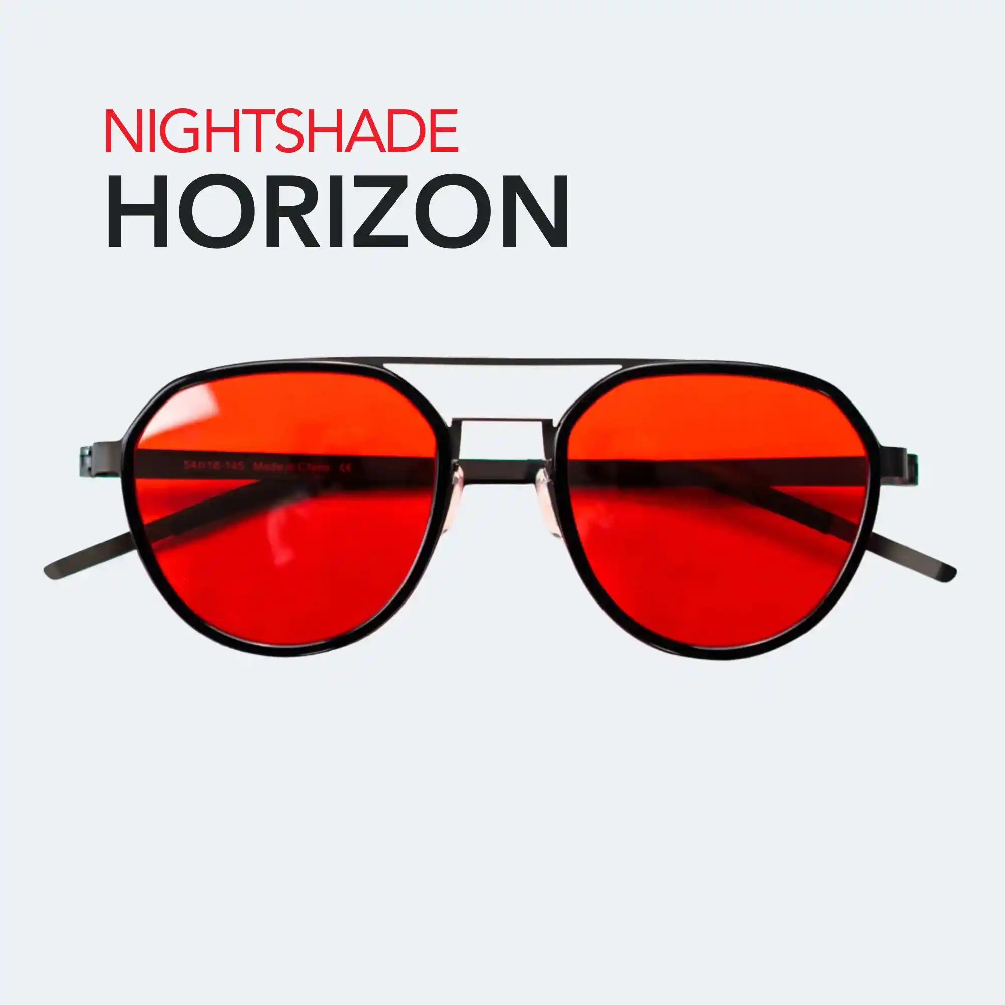Sunglasses (Chroma Nightshade Horizon) with red lenses and black frames on a light gray background, featuring the brand 'NIGHTSHADE HORIZON'.