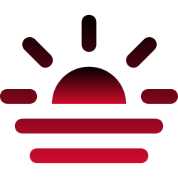 Red logo with a sun-like design on a black background