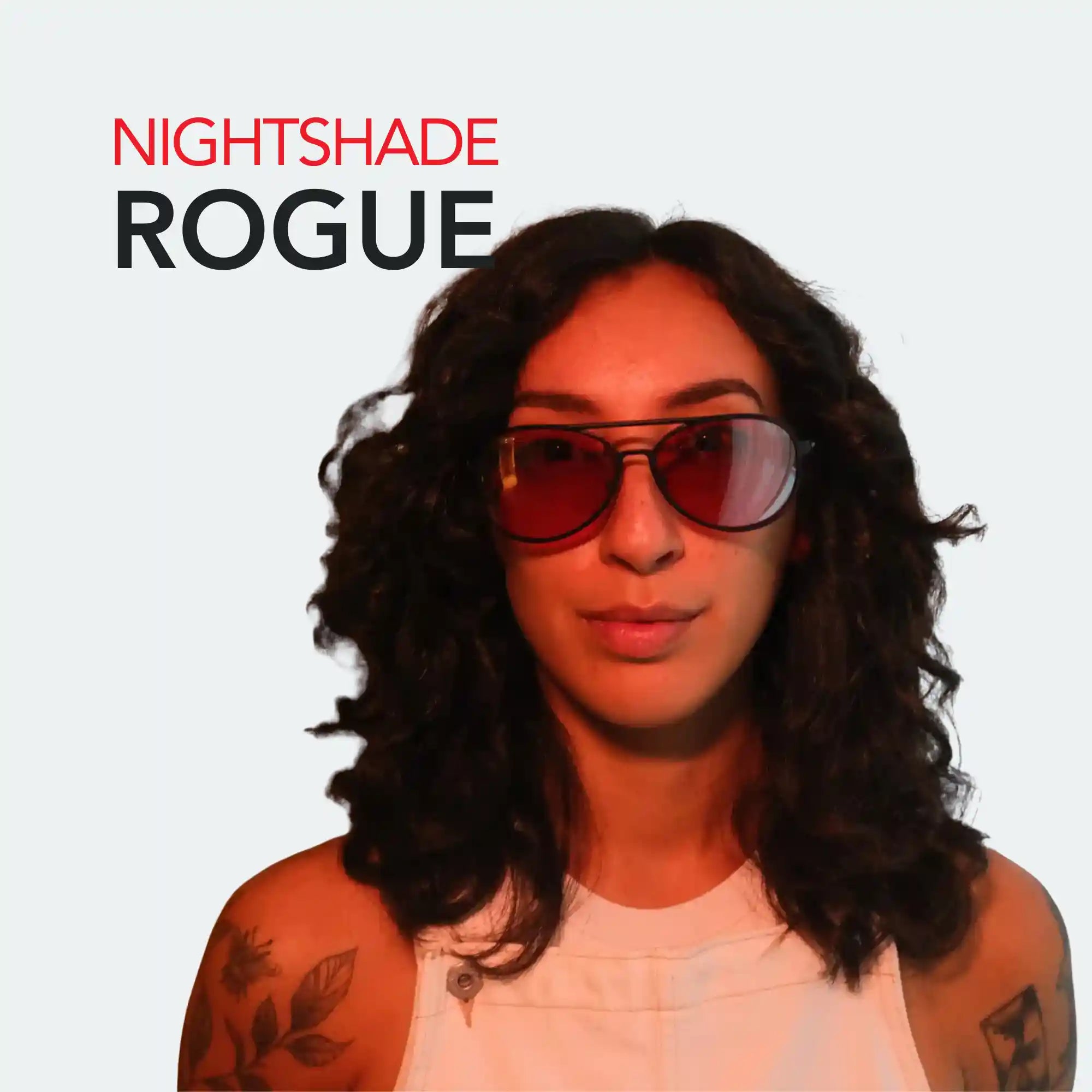 A woman wearing sunglasses (Chroma Nightshade Rogue) with 'NIGHTSHADE ROGUE' text on a light gray background