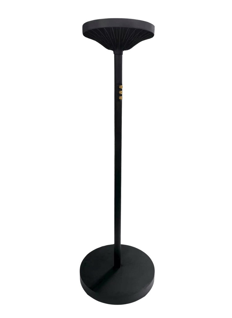 Black floor lamp (Chroma Skylight) light therapy device with golden knobs and a unique design on a transparent background
