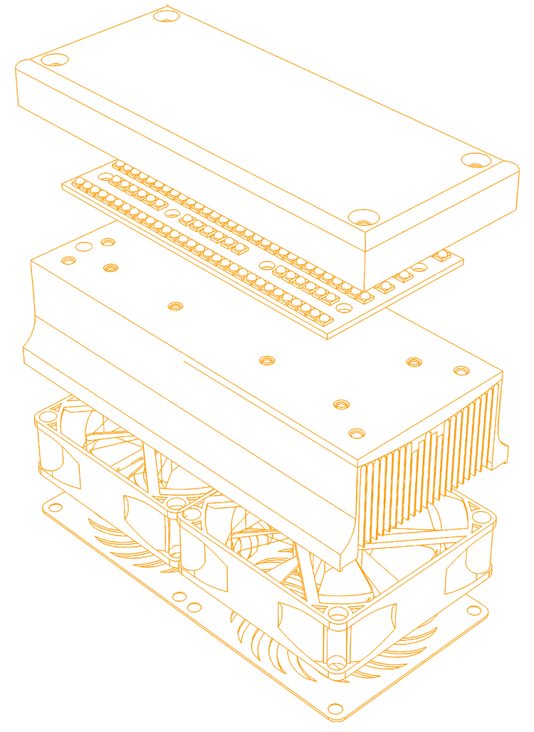 Technical outline diagram of a Chroma Trinity light therapy devices components in orange colouring on a transparent background