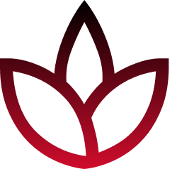 Red floral logo on a white background